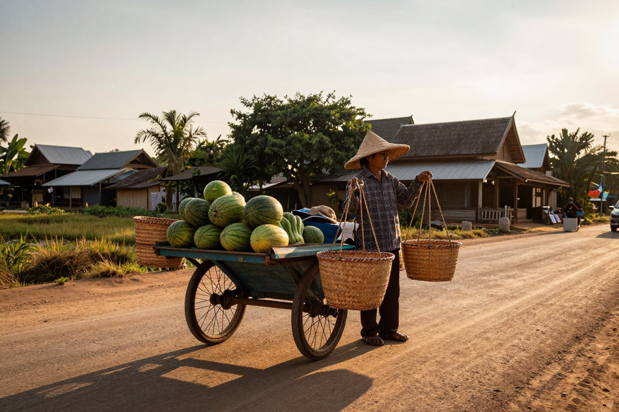 Chiang Mai street vendor at sunset selling woven baskets and melons in Thailand in in Chiang Mai, Thailand