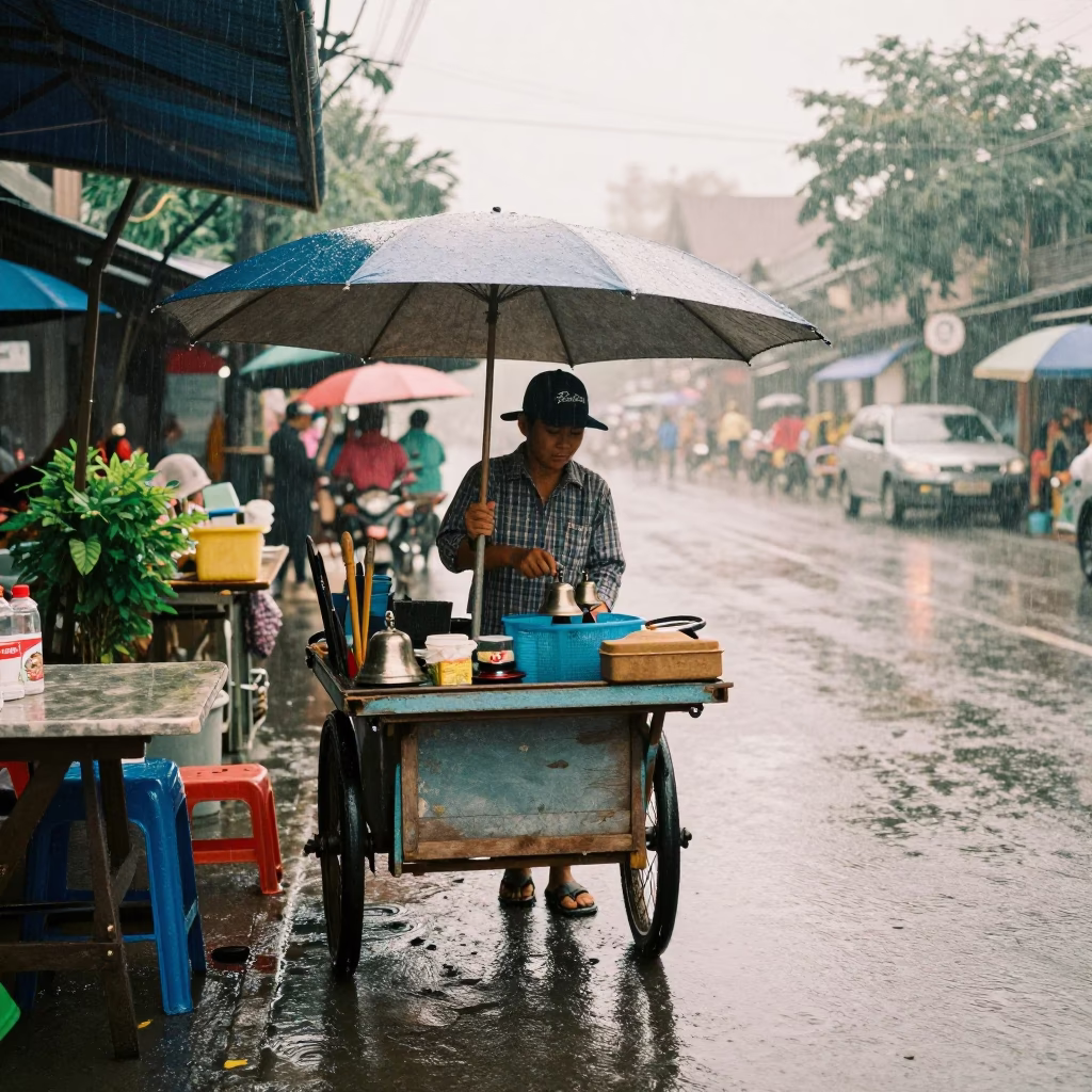Chiang Mai street vendor first light rain wet pavement bell and tools in in Chiang Mai, Thailand