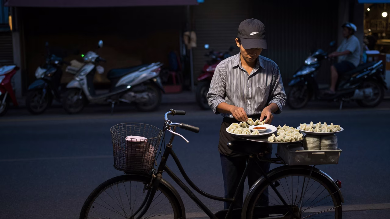 Chiang Mai street vendor preparing mandu dumplings in predawn darkness with bicycle basket in in Chiang Mai, Thailand