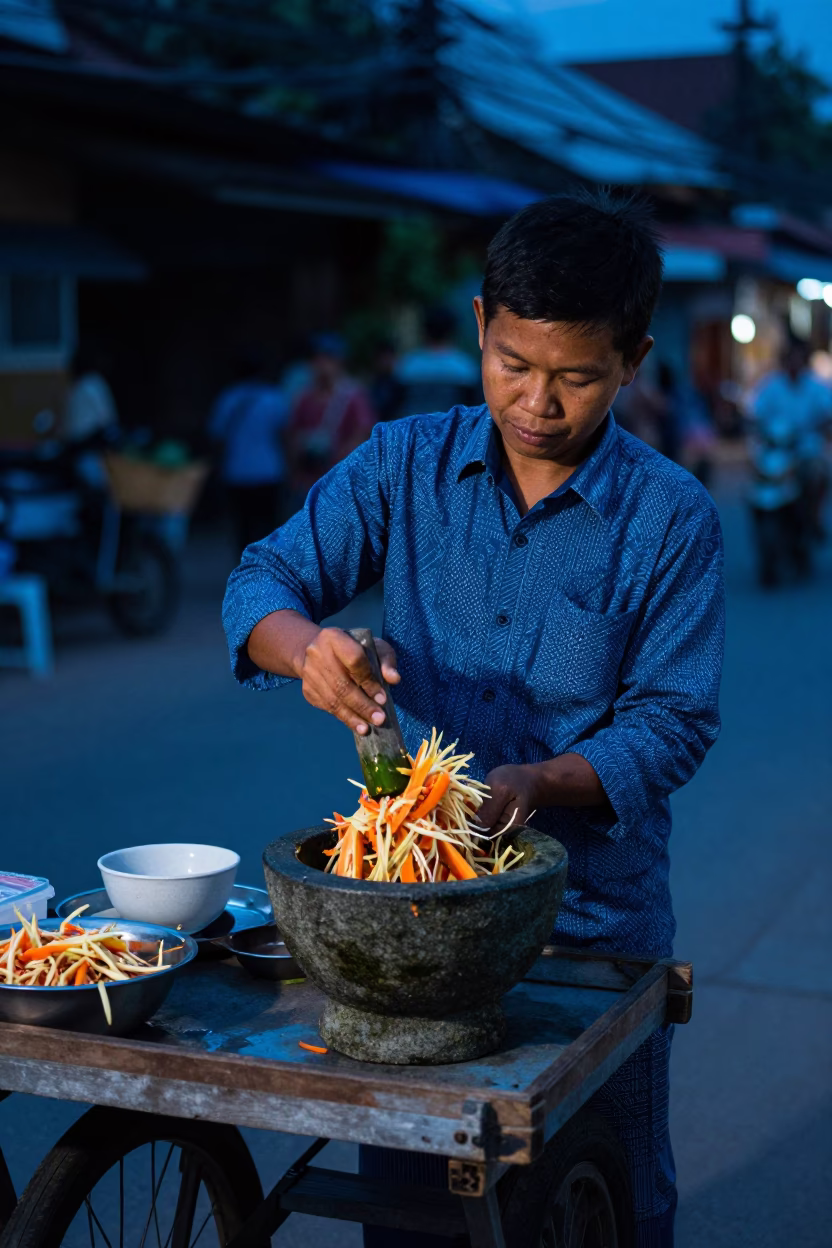 Chiang Mai Street Vendor Preparing Spicy Papaya Salad in Indigo Twilight with Recipe Cards in in Chiang Mai, Thailand