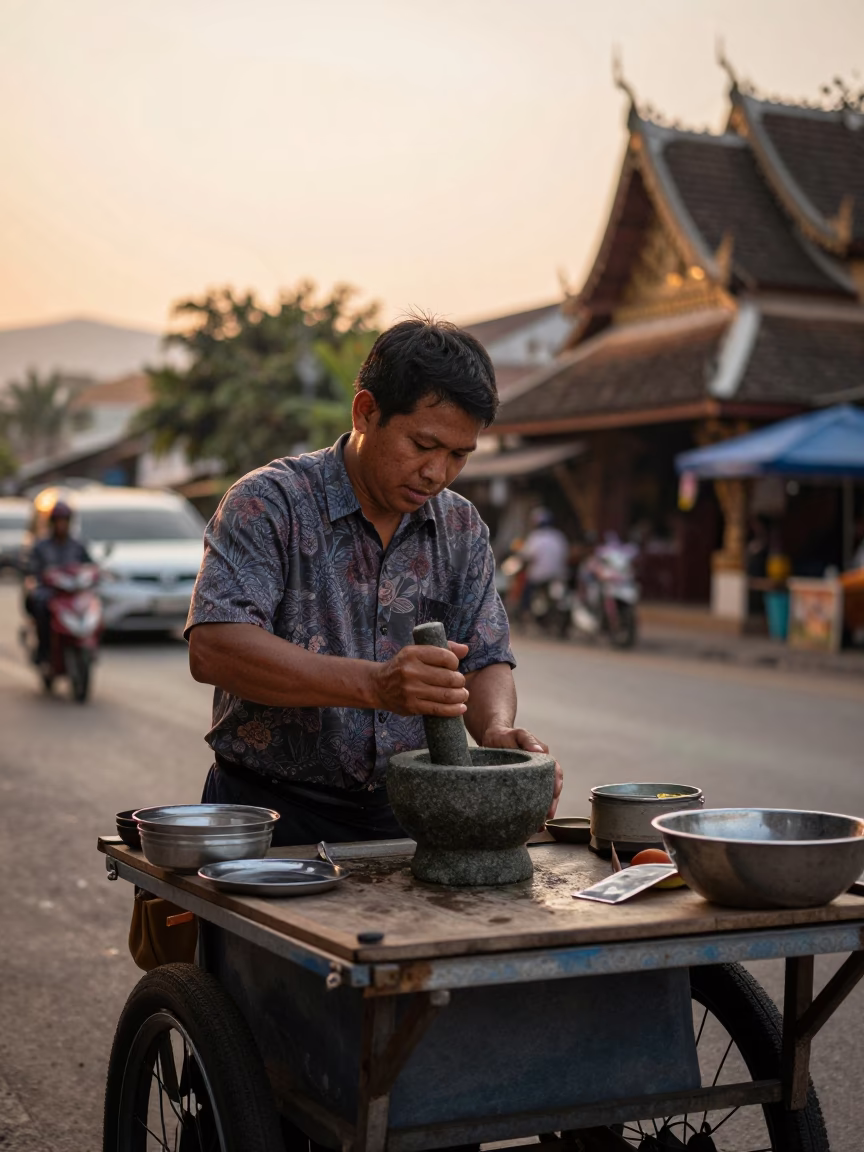 Chiang Mai Street Vendor Preparing Thai Cuisine with Mortar and Pestle at Golden Hour in in Chiang Mai, Thailand