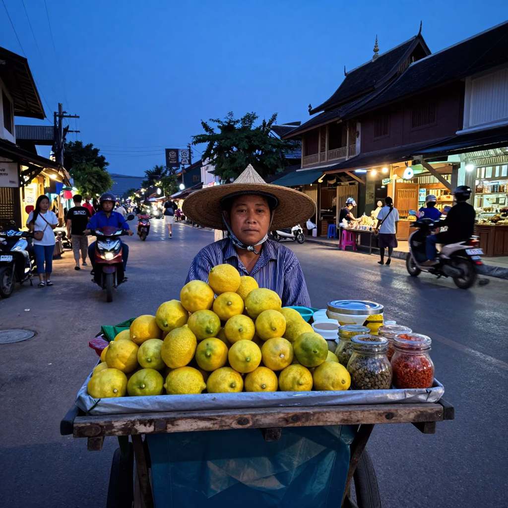 Chiang Mai Street Vendor Selling Fresh Lemons and Spices in Indigo Twilight in in Chiang Mai, Thailand