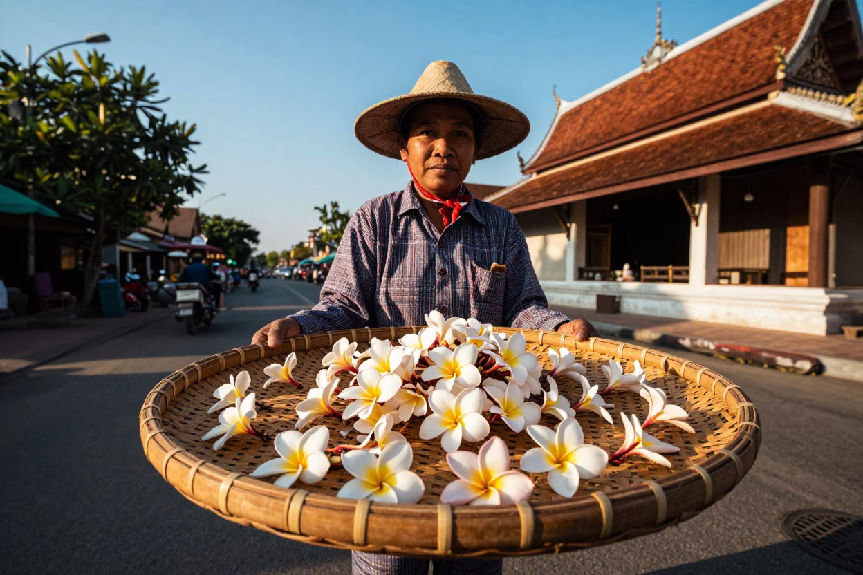 Chiang Mai Street Vendor Selling Fresh Plumeria Petals in Late Afternoon Sunlight in in Chiang Mai, Thailand