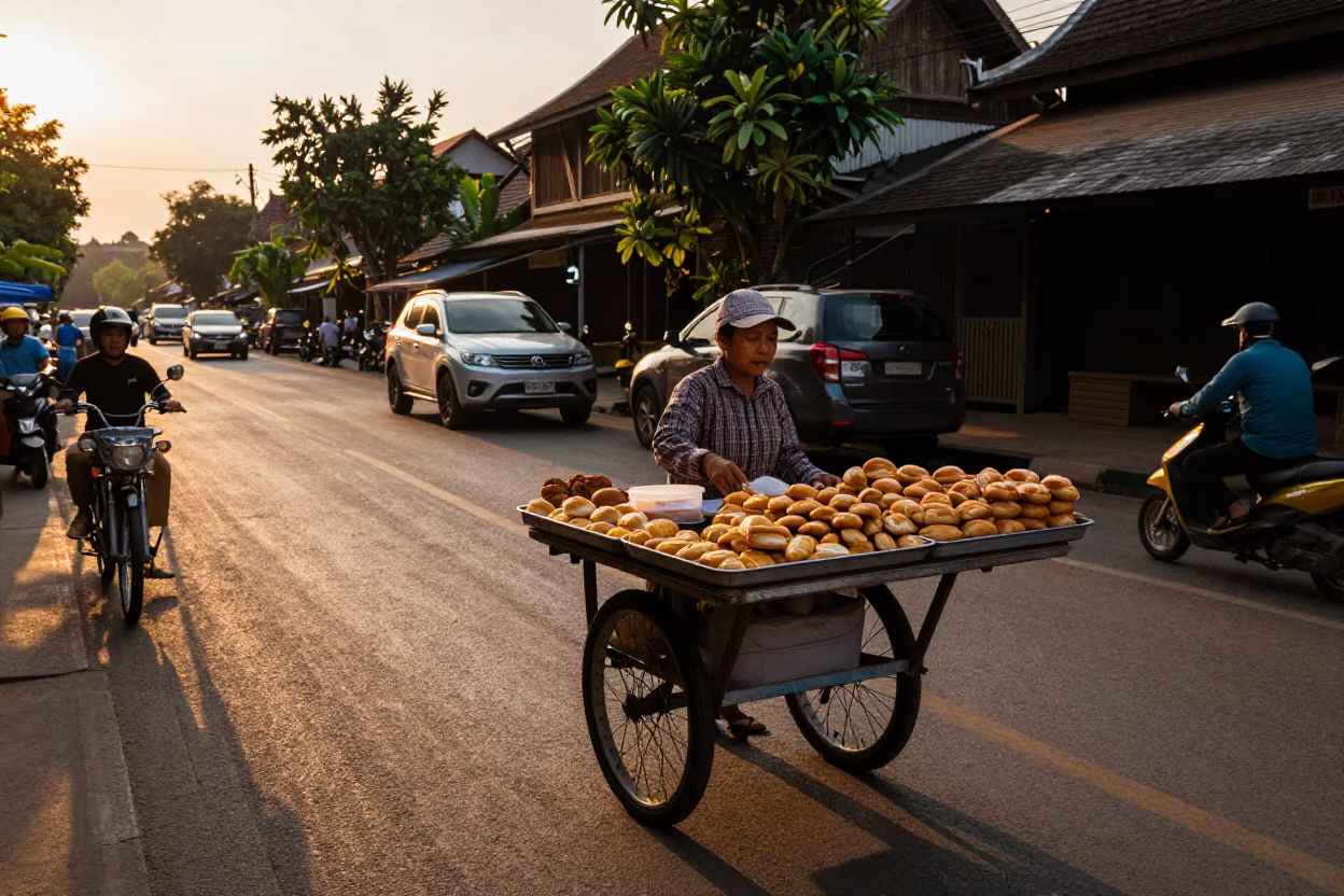 Chiang Mai Street Vendor Selling Pastries During Golden Hour Before Sunset in in Chiang Mai, Thailand