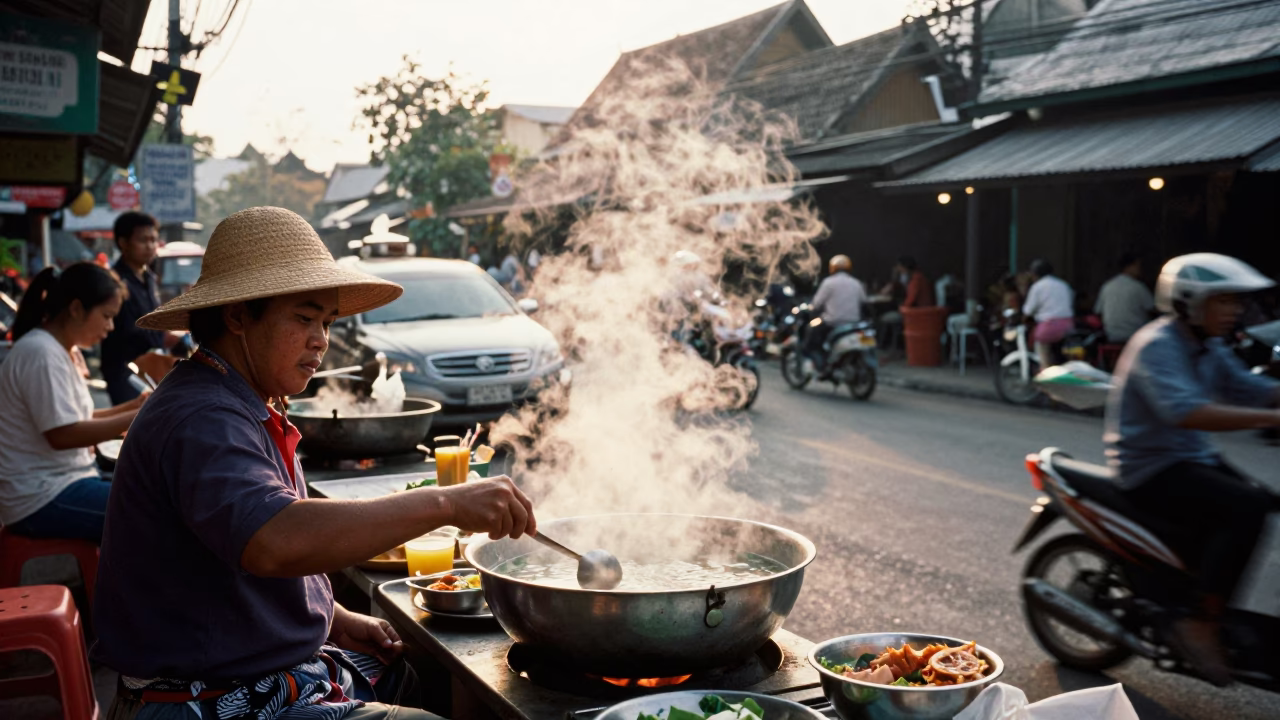 Chiang Mai Street Vendor Serving Khao Piak Sen in Late Morning Sunlight in in Chiang Mai, Thailand