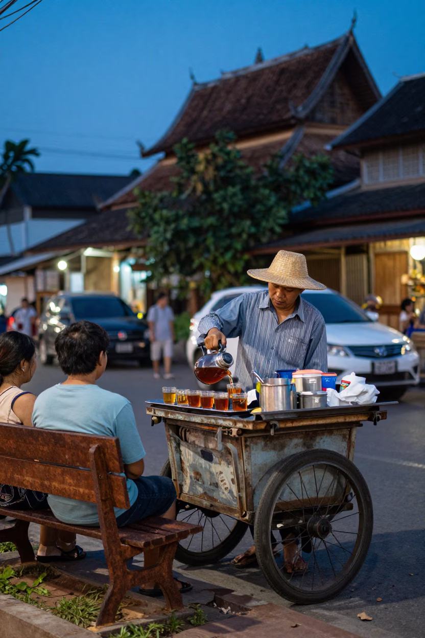 Chiang Mai street vendor serving tea near rusted bench under twilight blue hour in in Chiang Mai, Thailand