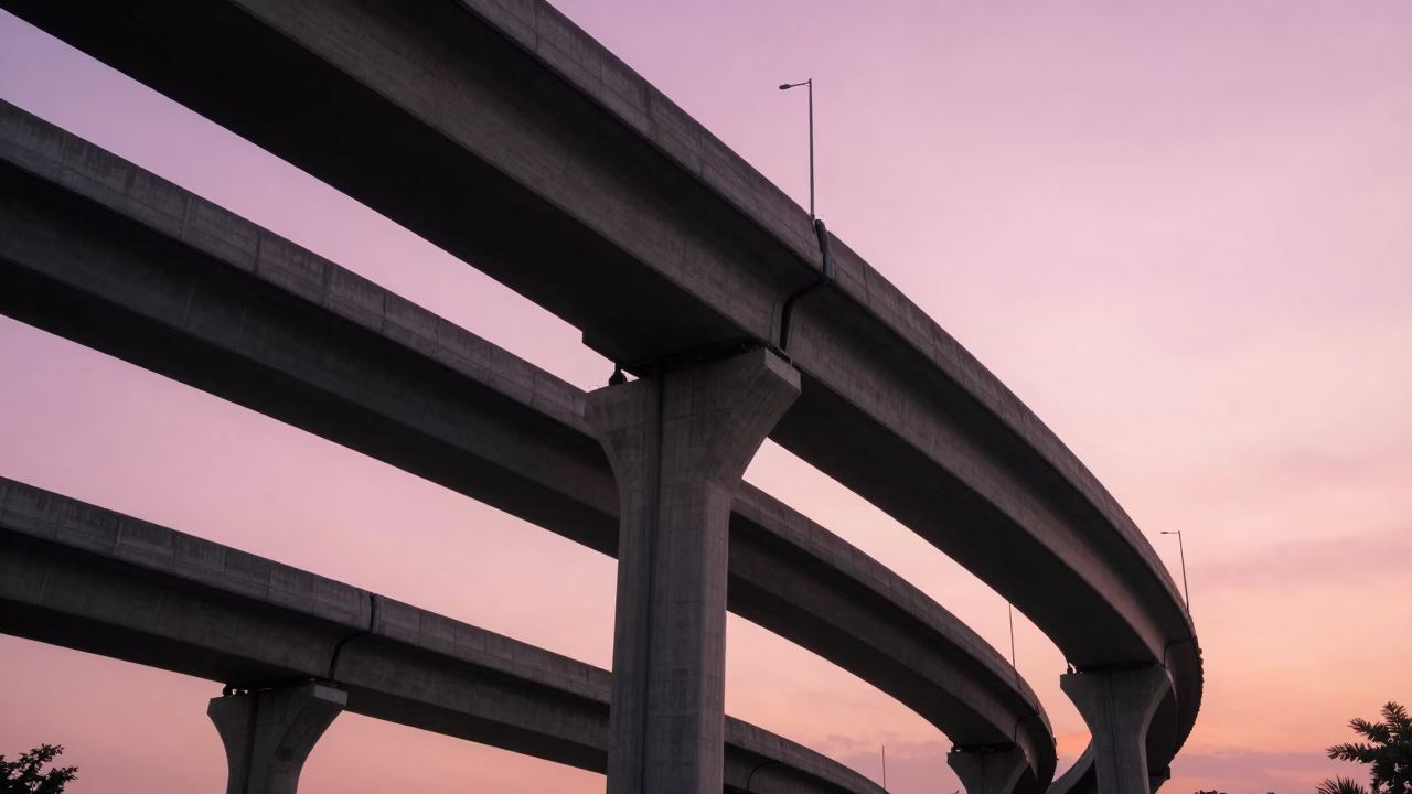 Chiang Mai Sunset Highway Flyover Stack Against Pink Evening Sky in in Chiang Mai, Thailand