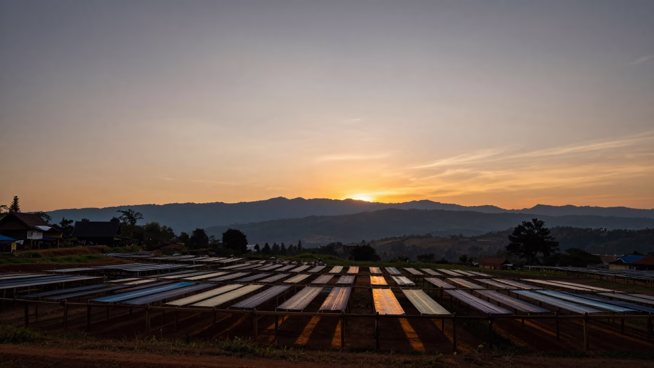 Chiang Mai Sunset Landscape with Silk Dyeing Workshop Hanging Fabric in Northern Thailand in in Chiang Mai, Thailand