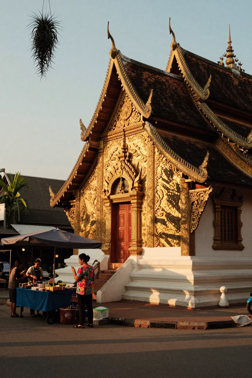 Chiang Mai Sunset Street Scene with Hanging Air Plant and Local Market Activity in in Chiang Mai, Thailand