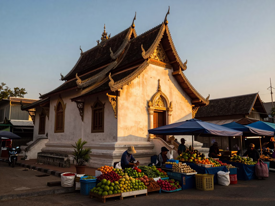 Chiang Mai Sunset Street Scene with Local Market Goods and Traditional Architecture in in Chiang Mai, Thailand