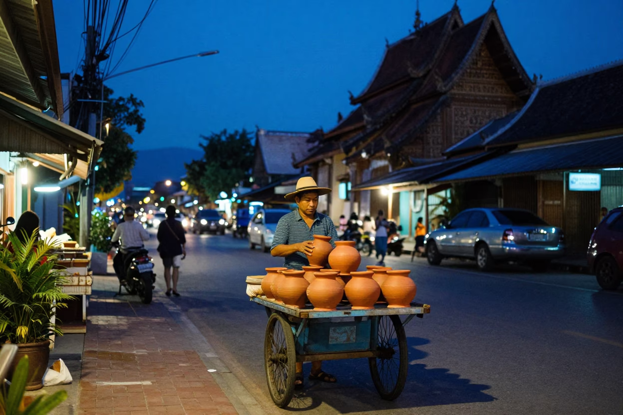 Chiang Mai Thailand Blue Hour Street Scene with Clay Pot Vendor in in Chiang Mai, Thailand