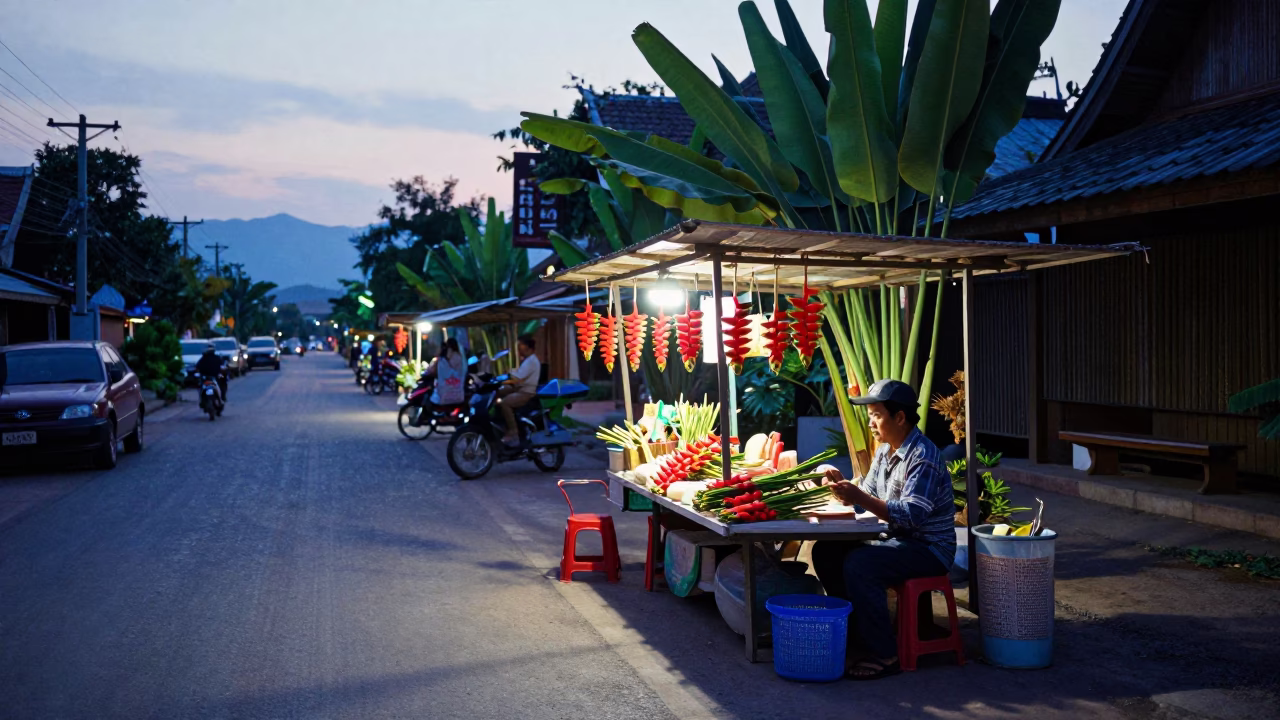 Chiang Mai Thailand Blue Hour Street Scene with Heliconia Flowers and Local Vendor in in Chiang Mai, Thailand