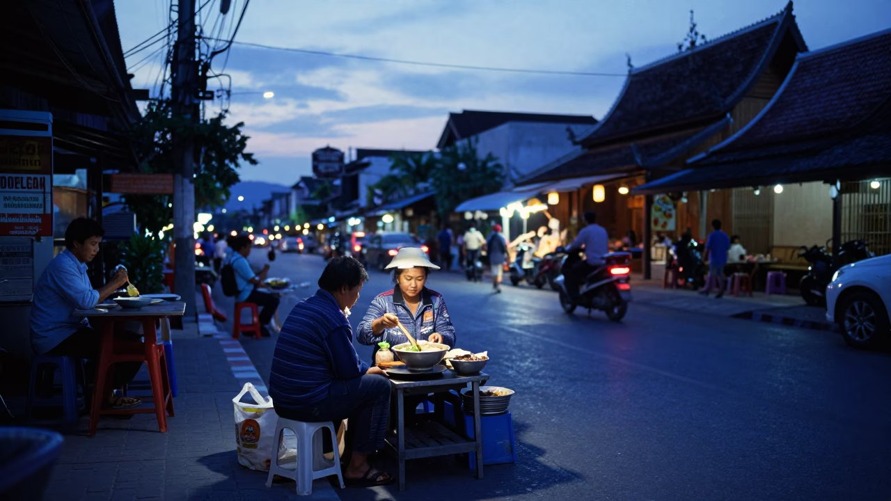 Chiang Mai Thailand Blue Hour Street Scene with Local Vendor and Noodle Bowl in in Chiang Mai, Thailand