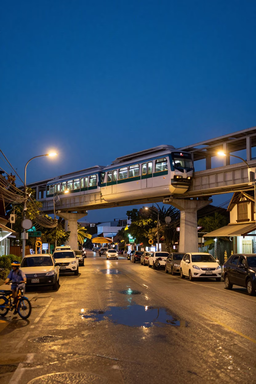 Chiang Mai Thailand Blue Hour Street Scene with Monorail and River Reflections in in Chiang Mai, Thailand