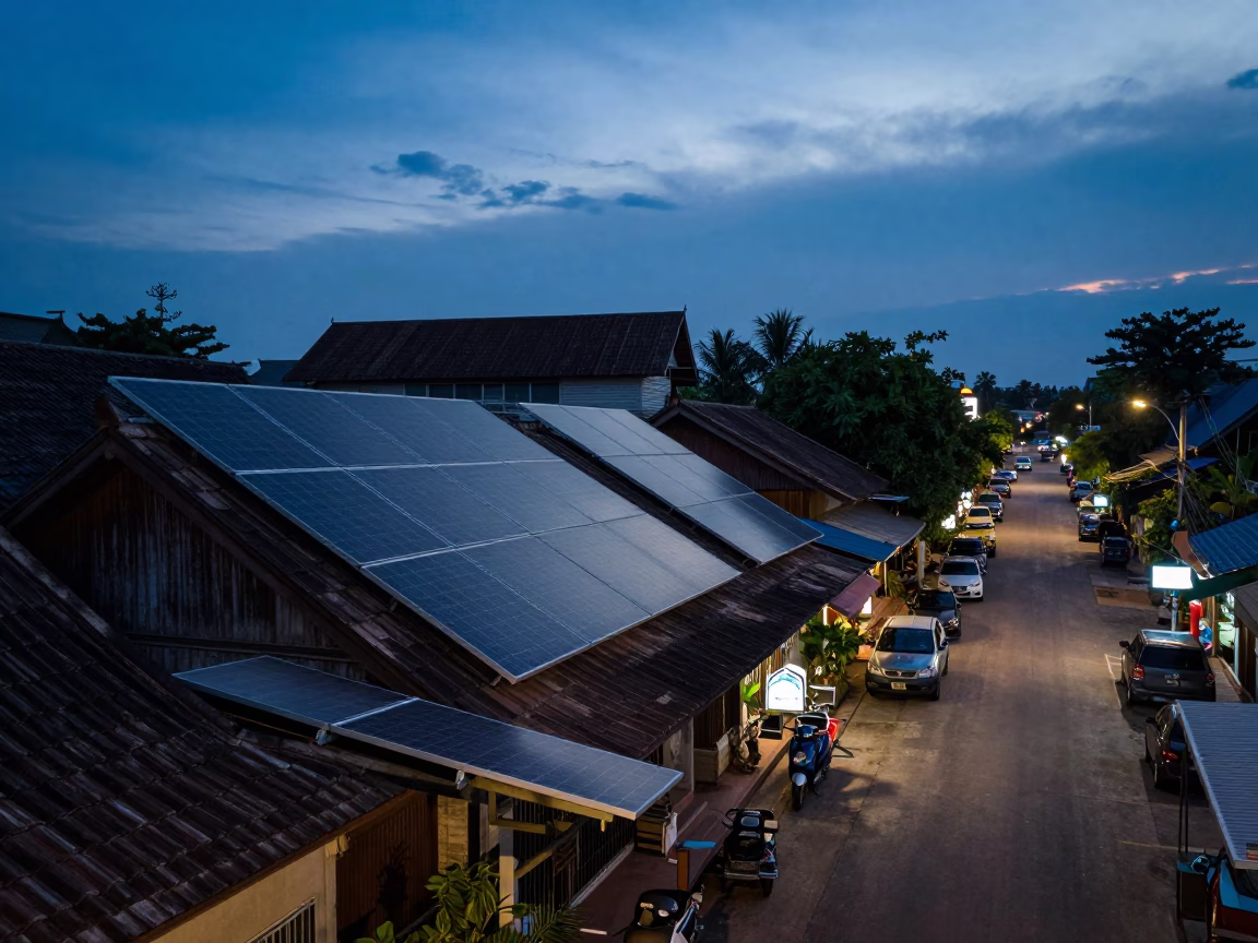 Chiang Mai Thailand Blue Hour Street Scene with Solar Panels and Local Life in in Chiang Mai, Thailand
