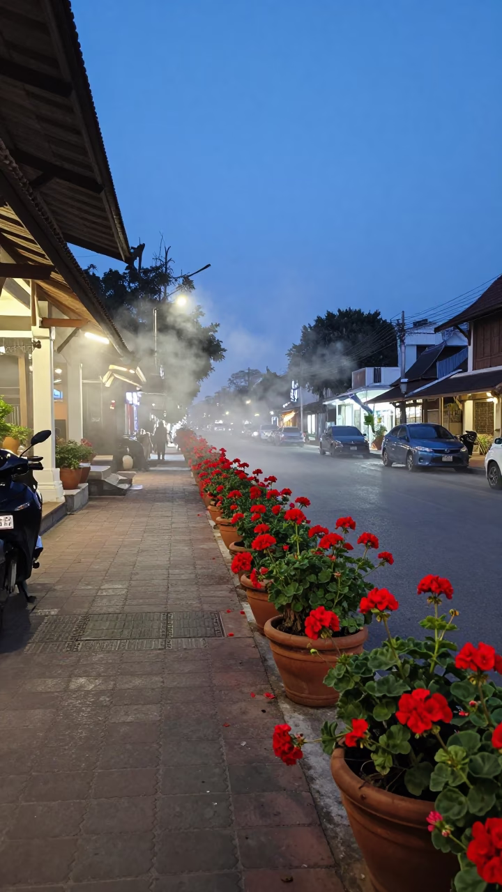 Chiang Mai Thailand Blue Hour Street Scene with Steam Haze and Geraniums in in Chiang Mai, Thailand
