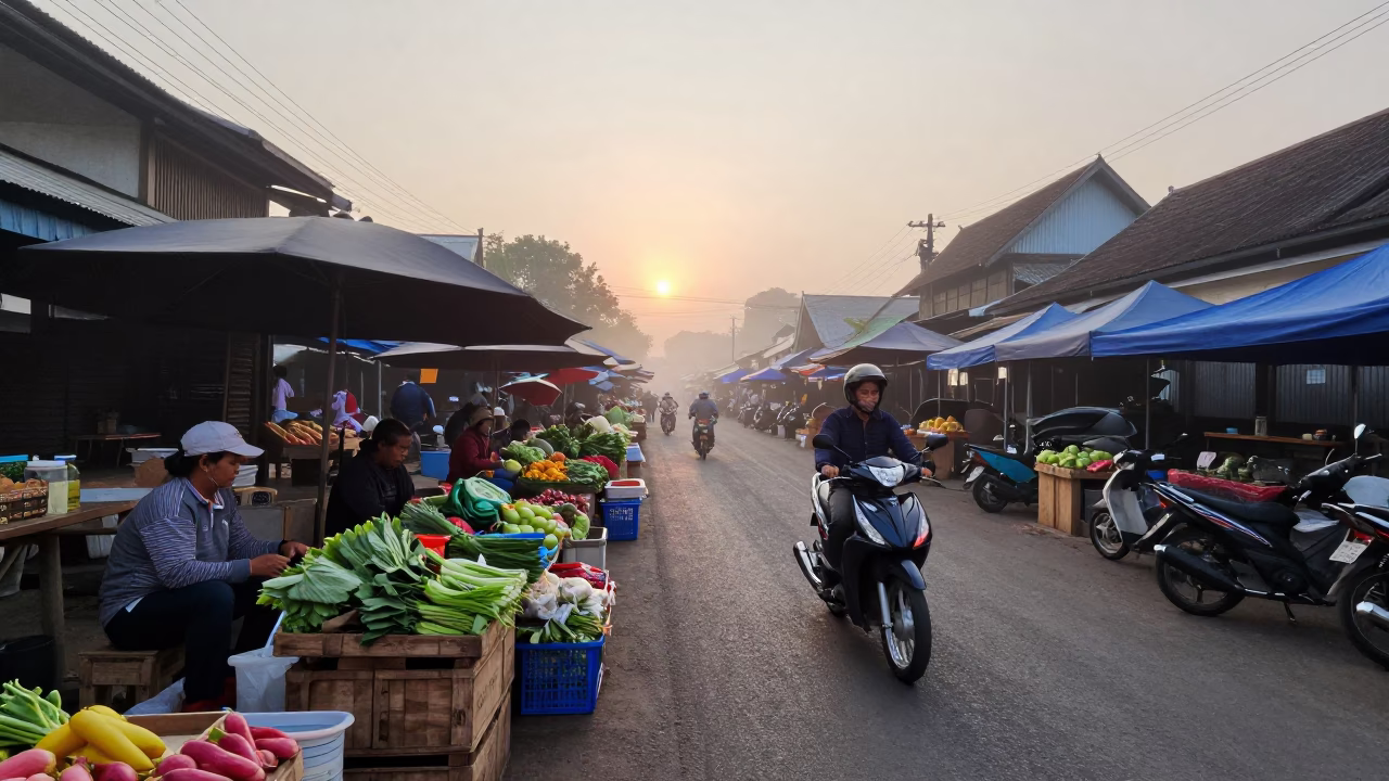 Chiang Mai Thailand Dawn Street Market Scene with Vendor and Motorcycles in in Chiang Mai, Thailand