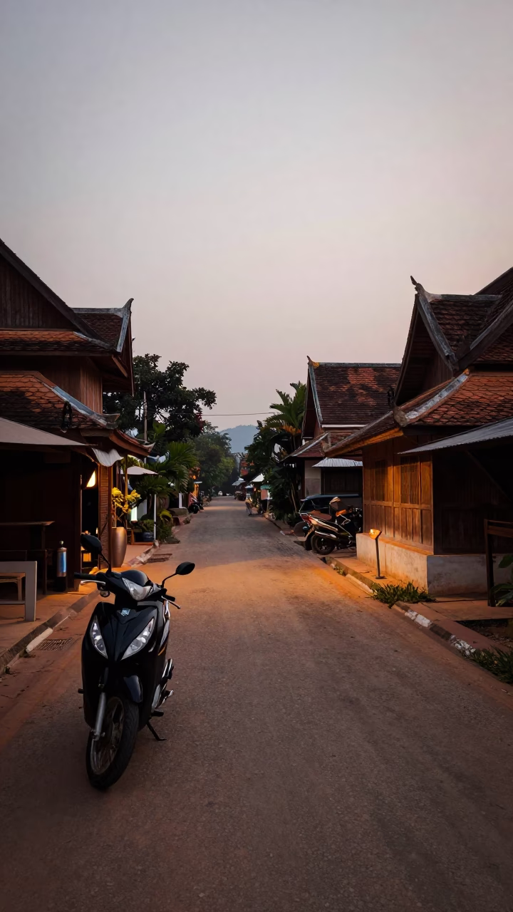 Chiang Mai Thailand dawn street scene with motorbike and thermos in in Chiang Mai, Thailand