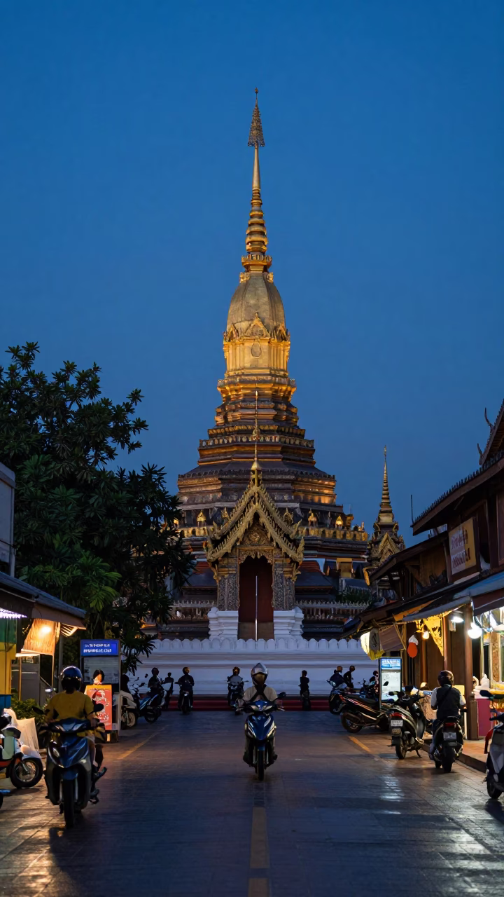 Chiang Mai Thailand Dawn Street Scene with Motorcycles and Temple Spire in in Chiang Mai, Thailand