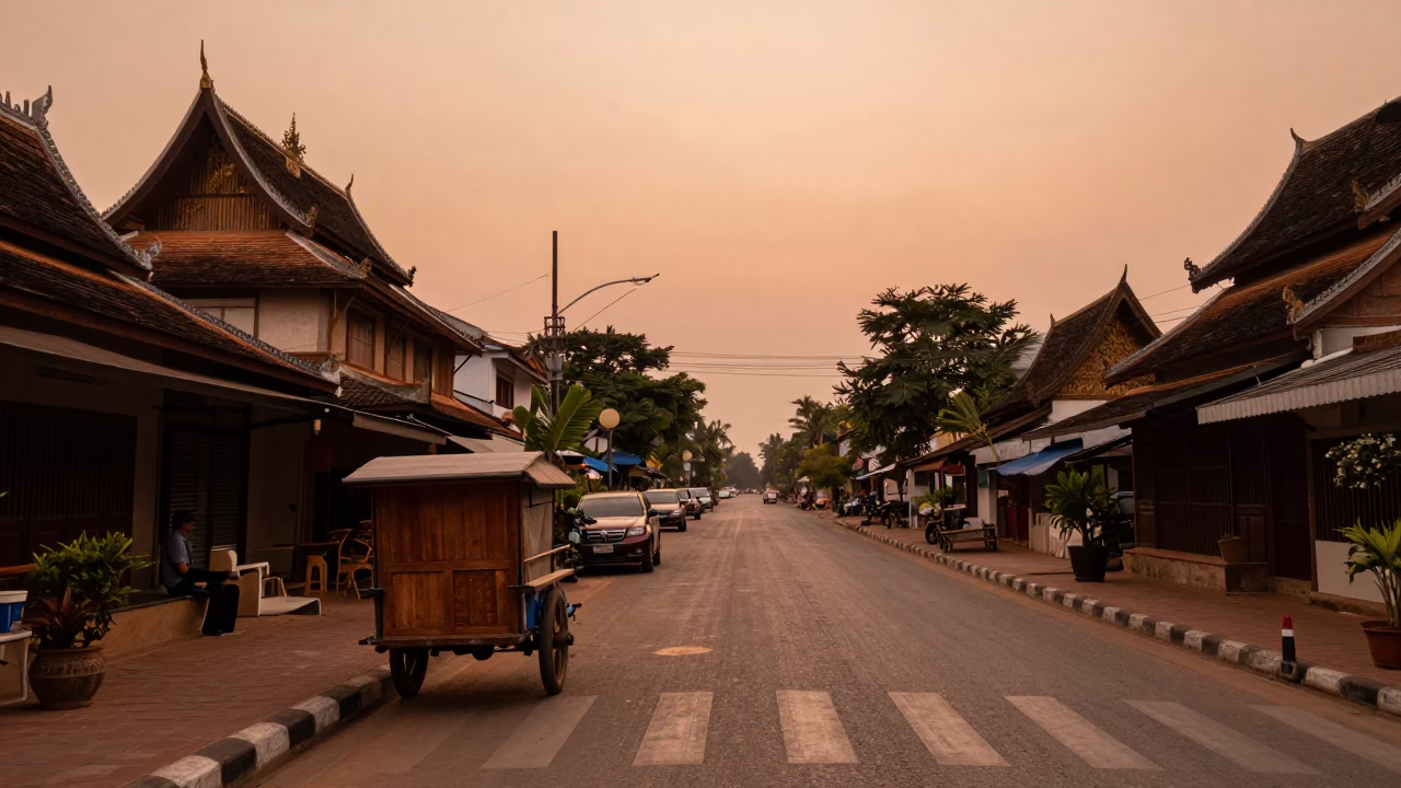 Chiang Mai Thailand Dusk Street Scene with Wooden Cart and Traditional Architecture in in Chiang Mai, Thailand