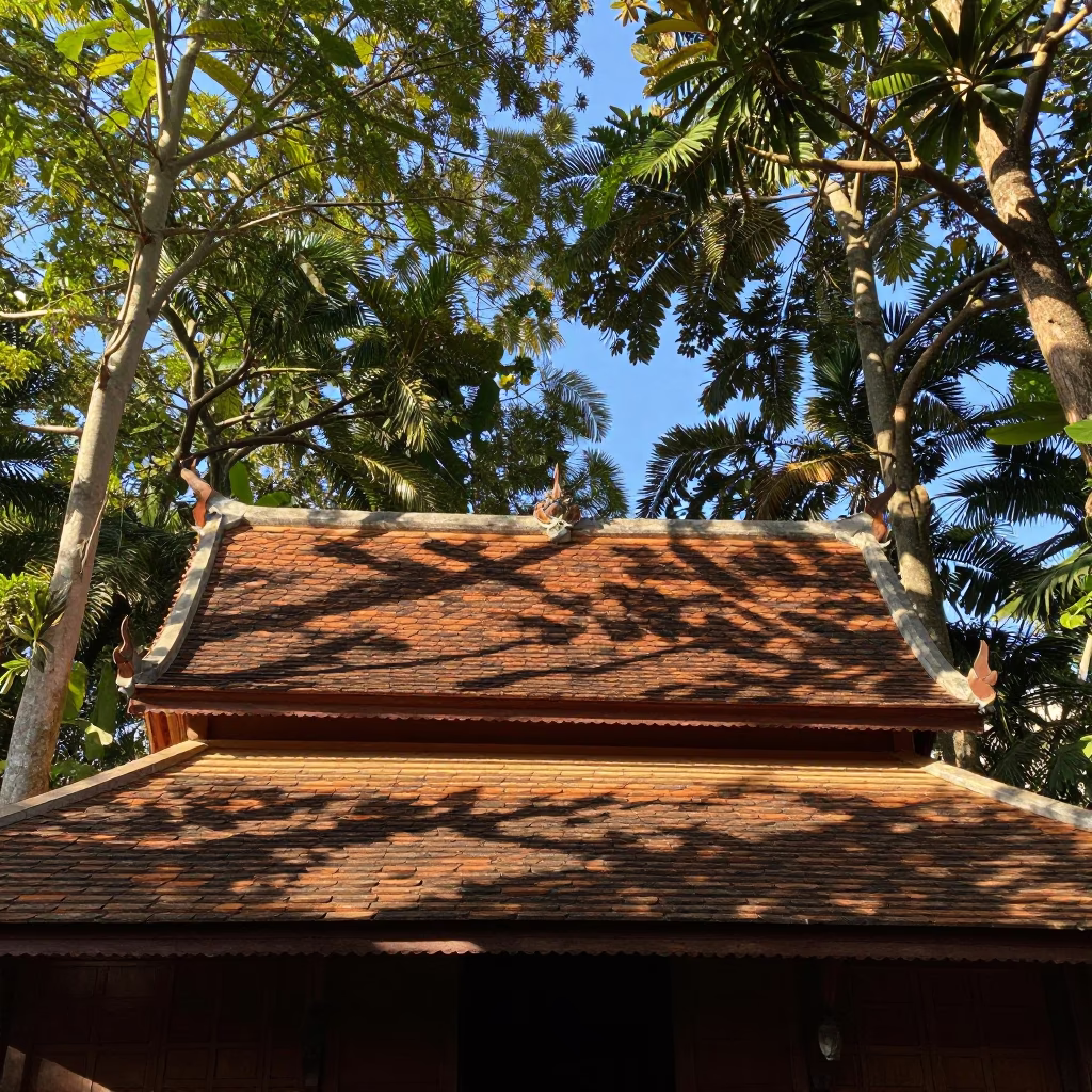 Chiang Mai Thailand Early Afternoon Sunlight on Traditional Tile Roof and Wooden Architecture in in Chiang Mai, Thailand