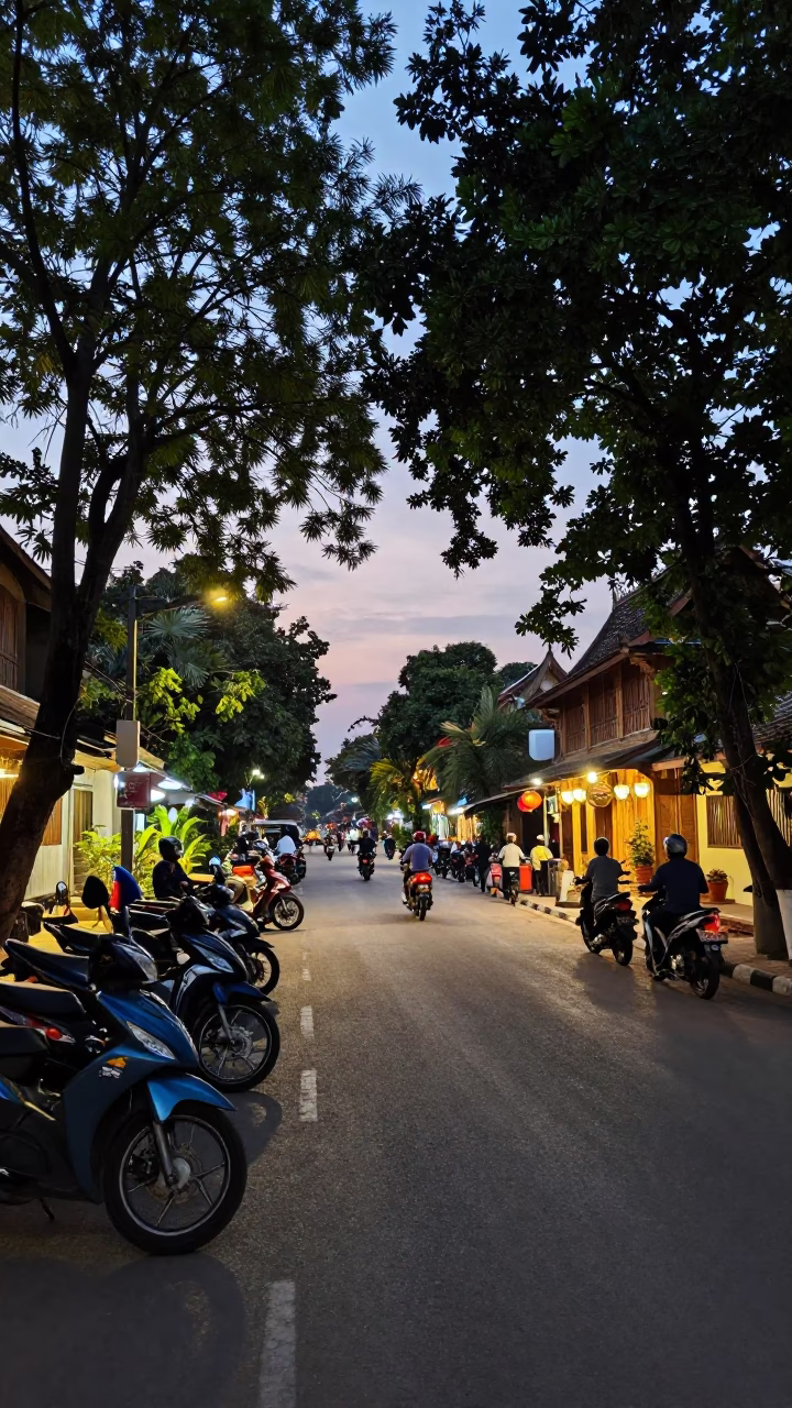 Chiang Mai Thailand Early Evening Street Scene with Motorcycles and Traditional Architecture in in Chiang Mai, Thailand