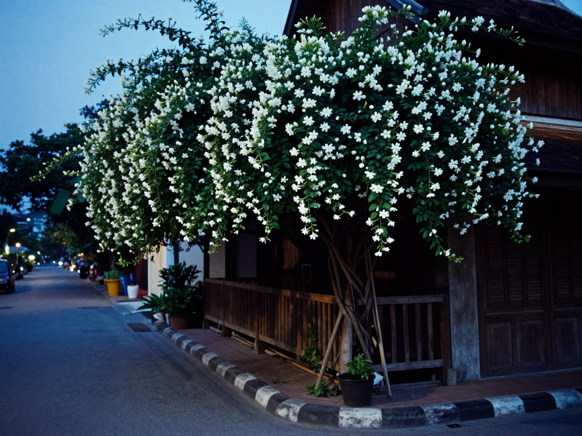 Chiang Mai Thailand Evening Blue Hour Street Scene with Jasmine Trellis and Ceramic Bowl in in Chiang Mai, Thailand