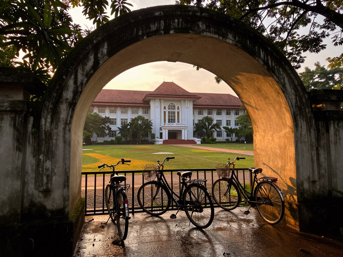 Chiang Mai Thailand evening light university archway wet bicycle rack dust cabinet in in Chiang Mai, Thailand