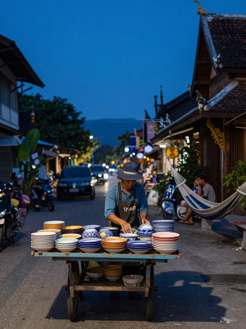 Chiang Mai Thailand Evening Street Scene with Ceramic Plates and Hammock in in Chiang Mai, Thailand
