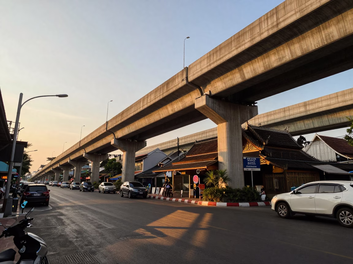 Chiang Mai Thailand Evening Street Scene with Highway Flyover Stack and Local Market Activity in in Chiang Mai, Thailand