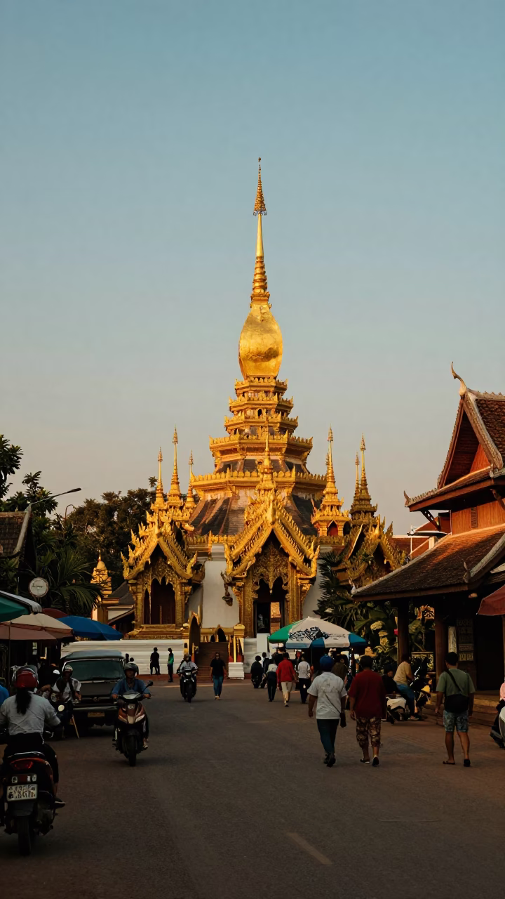 Chiang Mai Thailand Evening Street Scene with Lanna Architecture and Local Dining in in Chiang Mai, Thailand