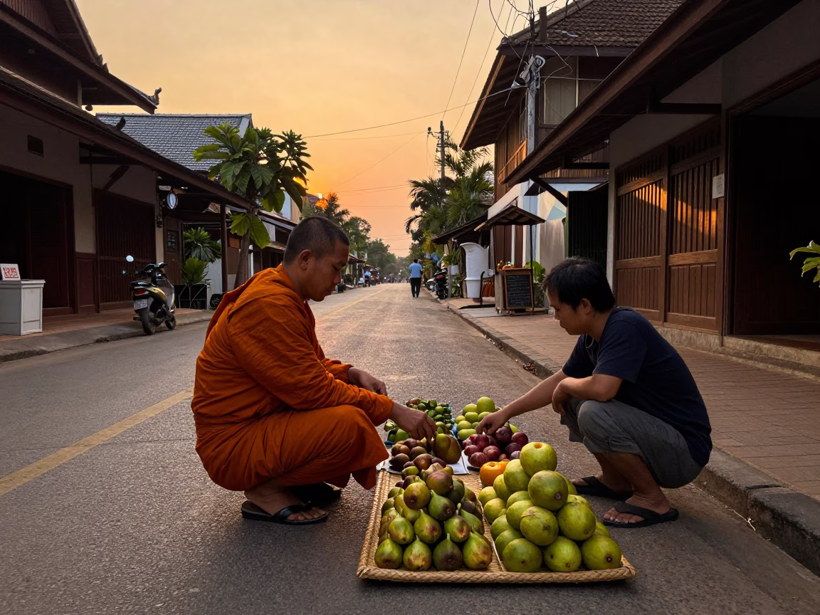 Chiang Mai Thailand evening street scene with monk alms and local vendor in in Chiang Mai, Thailand