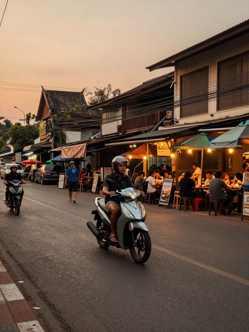 Chiang Mai Thailand Evening Street Scene with Motorcycle and Local Dining in in Chiang Mai, Thailand