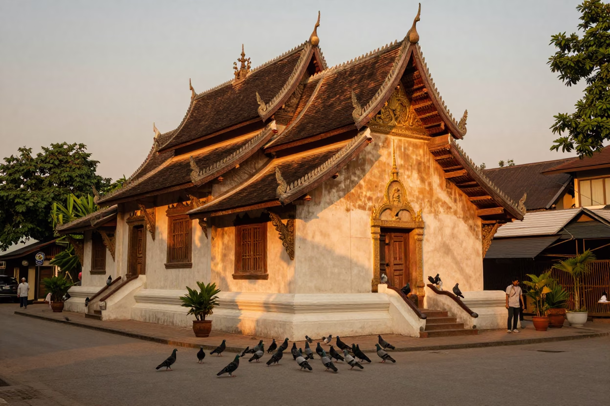 Chiang Mai Thailand Evening Street Scene with Pigeons and Traditional Architecture in in Chiang Mai, Thailand