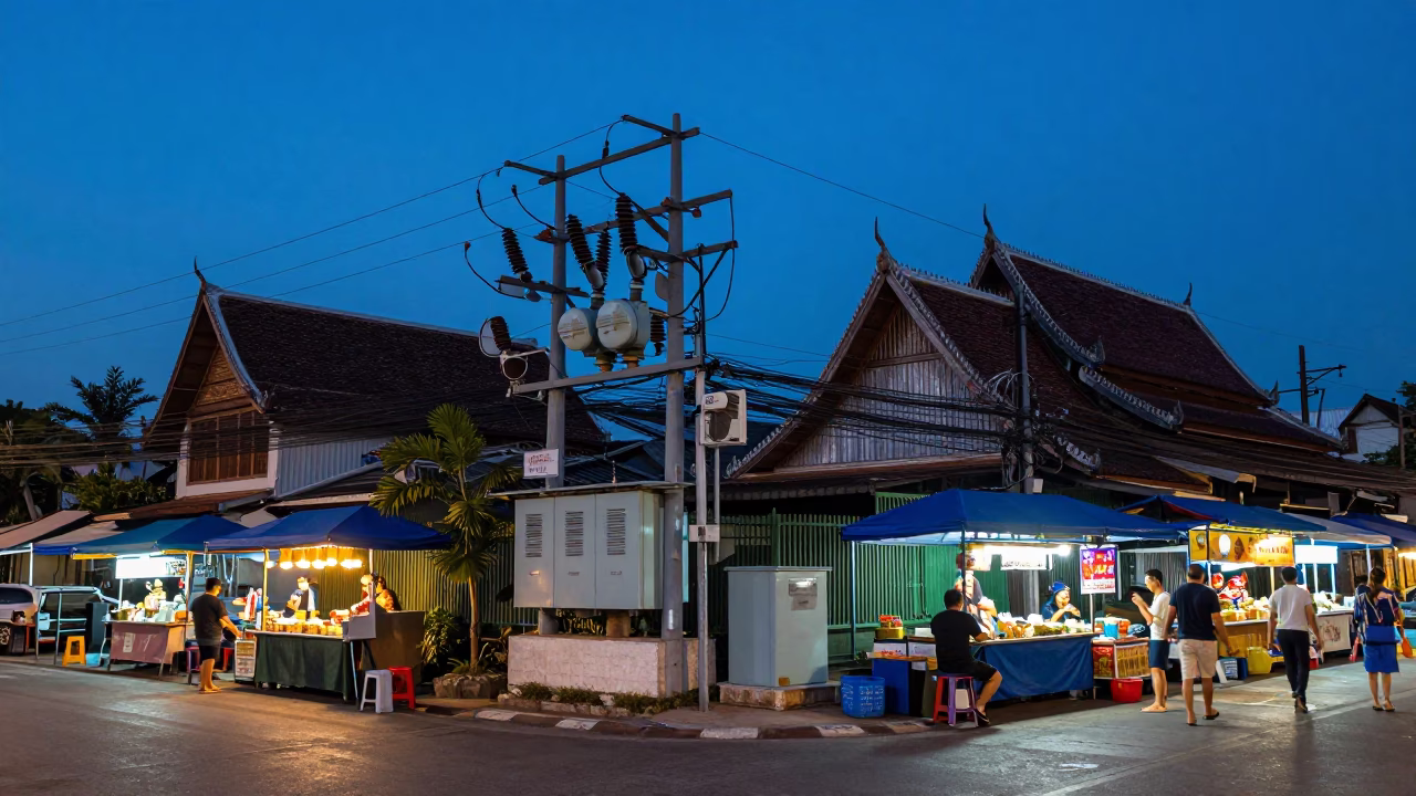 Chiang Mai Thailand Evening Street Scene with Substation Busbars and Local Market Activity in in Chiang Mai, Thailand