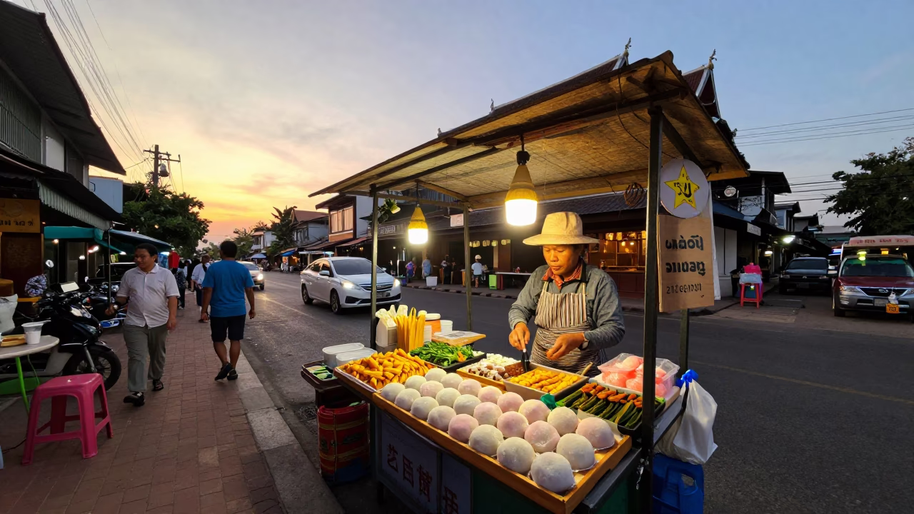 Chiang Mai Thailand Evening Street Scene with Traditional Food Vendor and Local Life in in Chiang Mai, Thailand