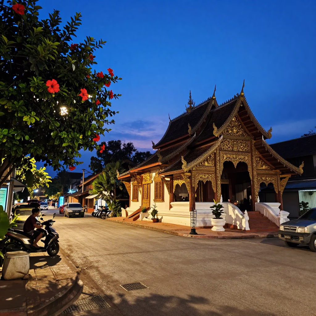 Chiang Mai Thailand indigo twilight street scene with hibiscus and traditional architecture in in Chiang Mai, Thailand