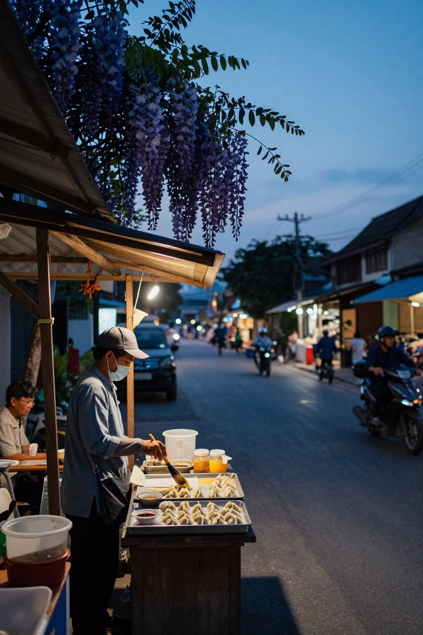 Chiang Mai Thailand indigo twilight street scene with wisteria and local life in in Chiang Mai, Thailand