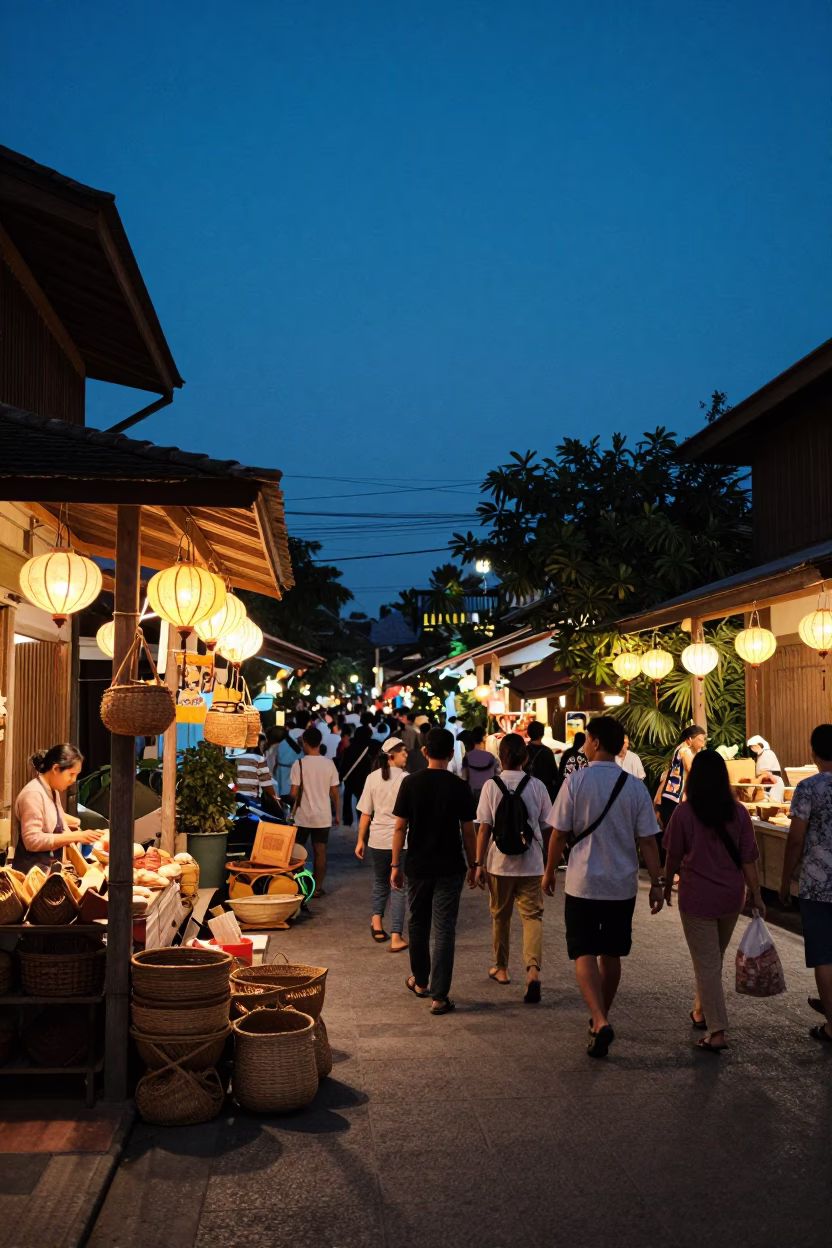 Chiang Mai Thailand Indigo Twilight Street Scene with Woven Baskets and Traditional Procession in in Chiang Mai, Thailand