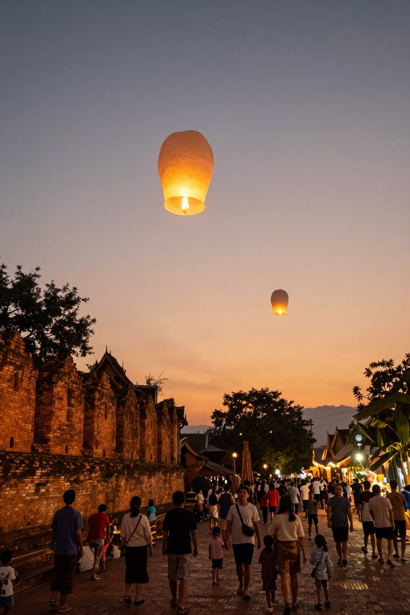 Chiang Mai Thailand Lantern Festival Sky Lanterns Rising at Sunset in in Chiang Mai, Thailand