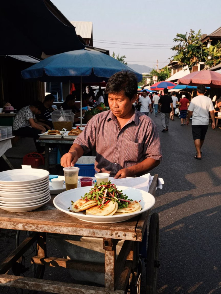 Chiang Mai Thailand Late Afternoon Street Scene with Local Market Activity and Traditional Elements in in Chiang Mai, Thailand