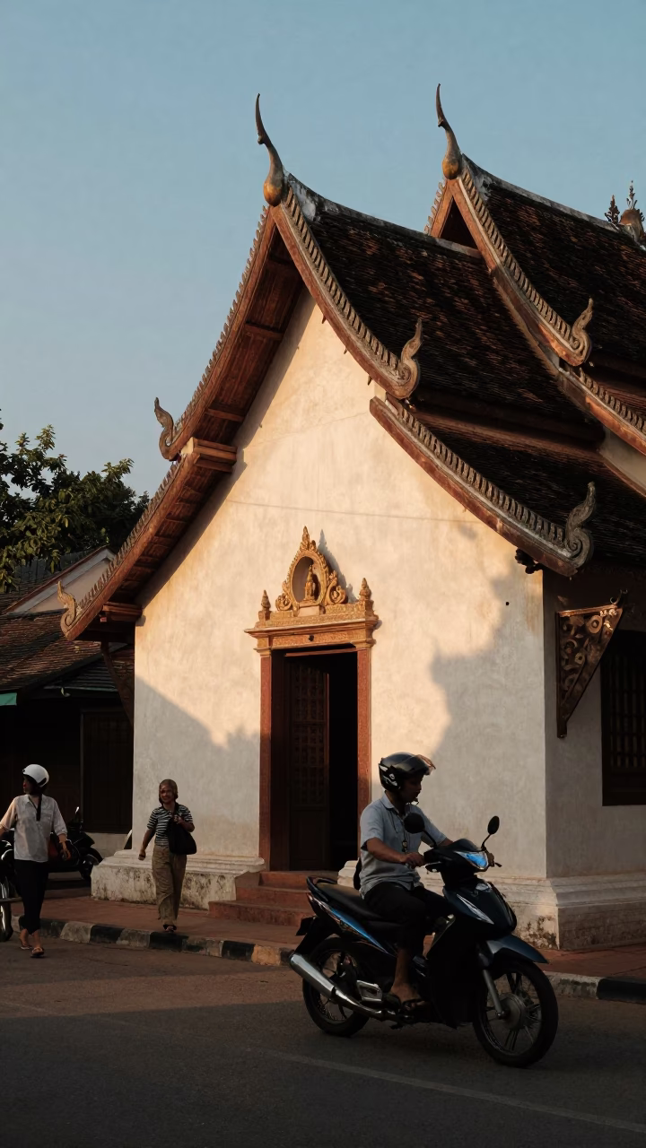 Chiang Mai Thailand late afternoon street scene with motorbike and traditional architecture in in Chiang Mai, Thailand