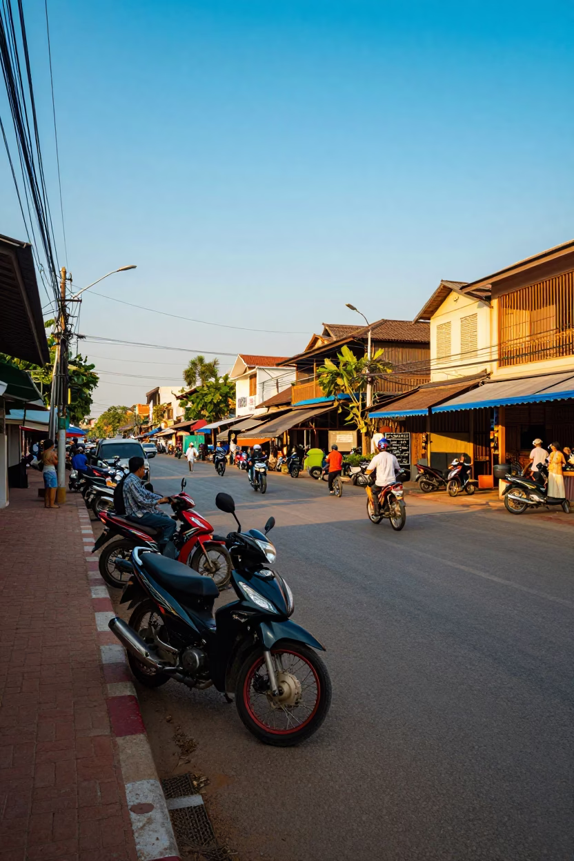 Chiang Mai Thailand Late Afternoon Street Scene with Motorcycles and Local Market Activity in in Chiang Mai, Thailand