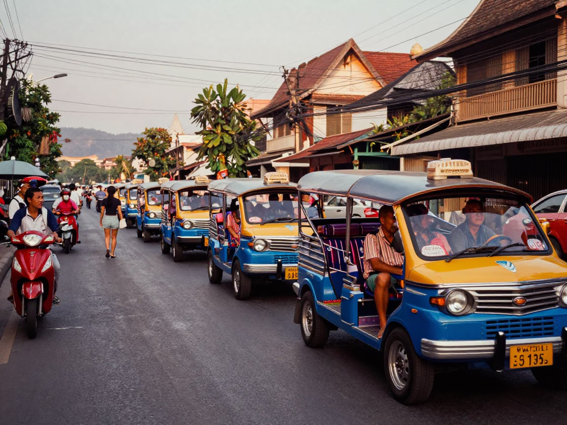 Chiang Mai Thailand Late Afternoon Street Scene with Taxi Rank and Local Life in in Chiang Mai, Thailand