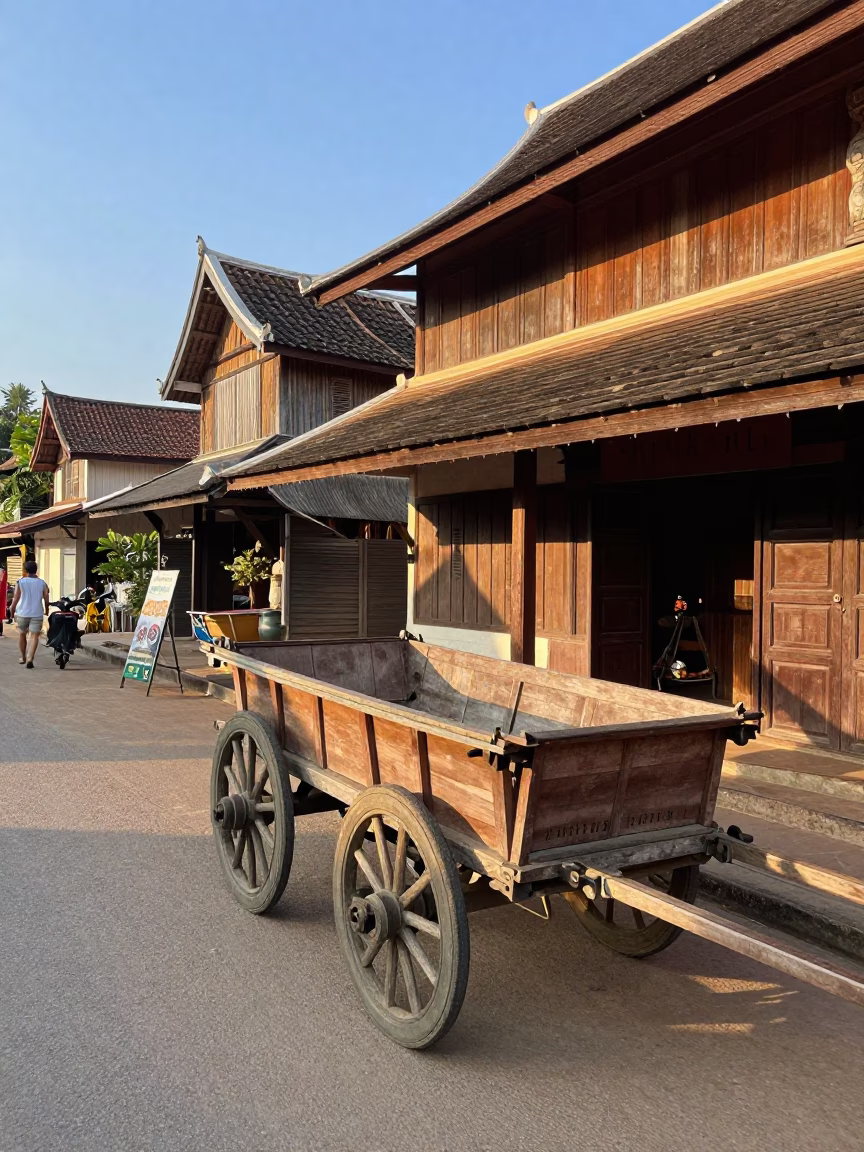 Chiang Mai Thailand Late Afternoon Street Scene with Wooden Cart and Local Commerce in in Chiang Mai, Thailand
