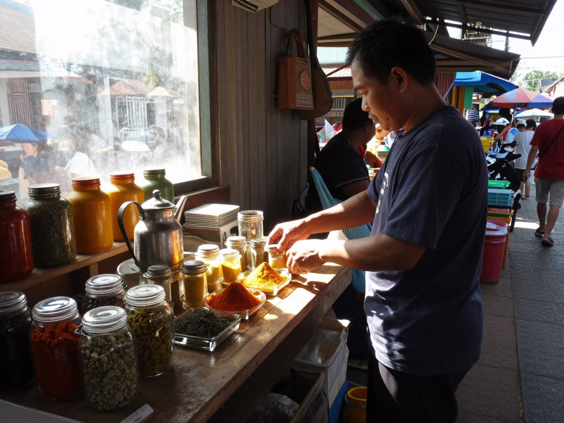 Chiang Mai Thailand Midday Street Scene with Spice Jars and Local Market Activity in in Chiang Mai, Thailand