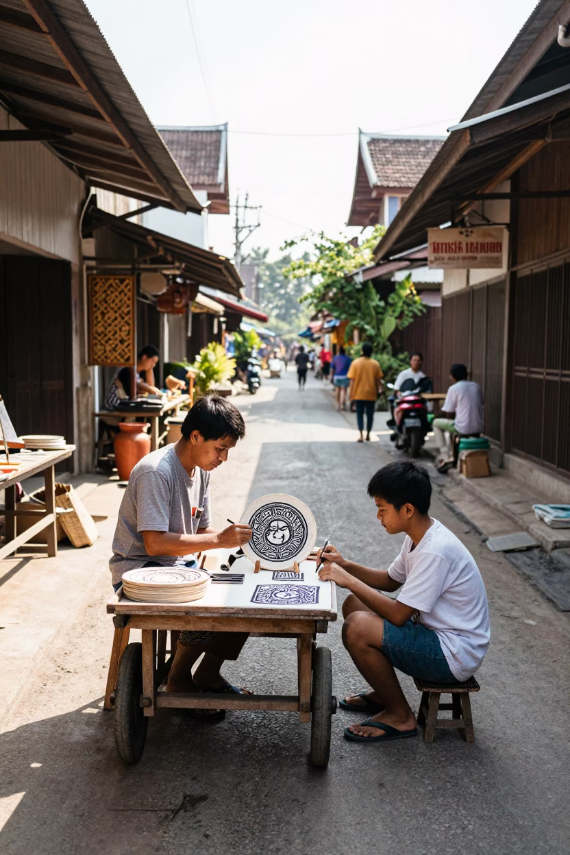 Chiang Mai Thailand Midmorning Street Scene with Local Artisan and Traditional Elements in in Chiang Mai, Thailand