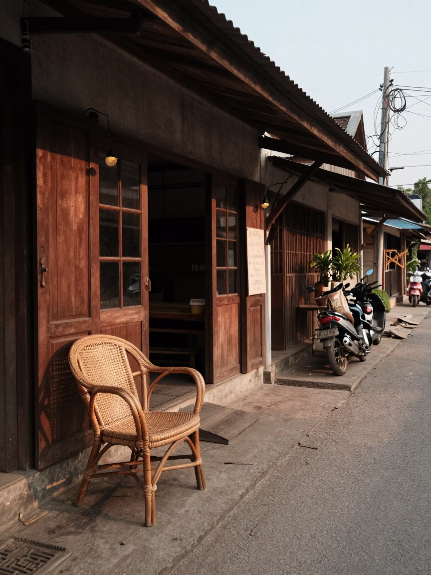 Chiang Mai Thailand Morning Street Scene with Rattan Chair and Fallen Petals in in Chiang Mai, Thailand