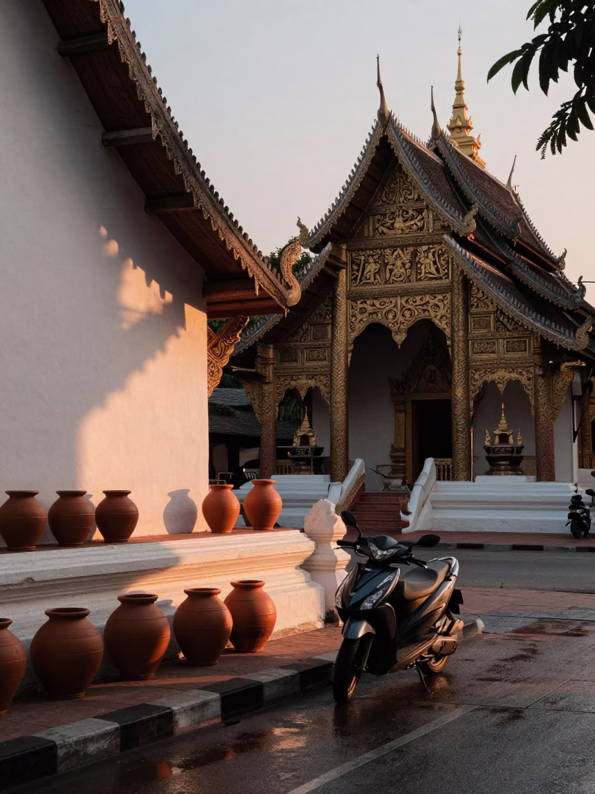 Chiang Mai Thailand Nautical Dawn Street Scene with Clay Pots and Scooter in in Chiang Mai, Thailand