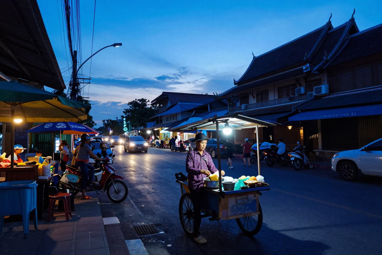 Chiang Mai Thailand Nautical Dawn Street Scene with Local Vendor and Motorcycles in in Chiang Mai, Thailand